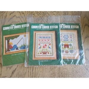 Vintage 1982 Counted Cross Stitch Kit God Bless Our Home New 5x7 Lot Of 3 MH